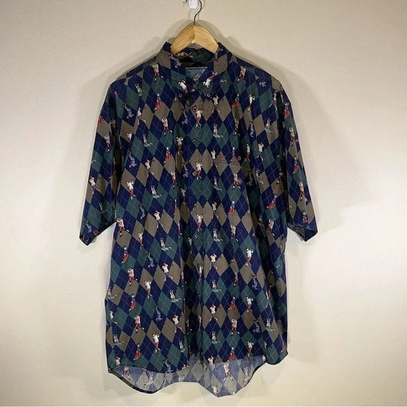 Vintage Argyle Golf Print Button Front Cotton Short Sleeve Shirt Size 2XT Casual - Picture 1 of 6